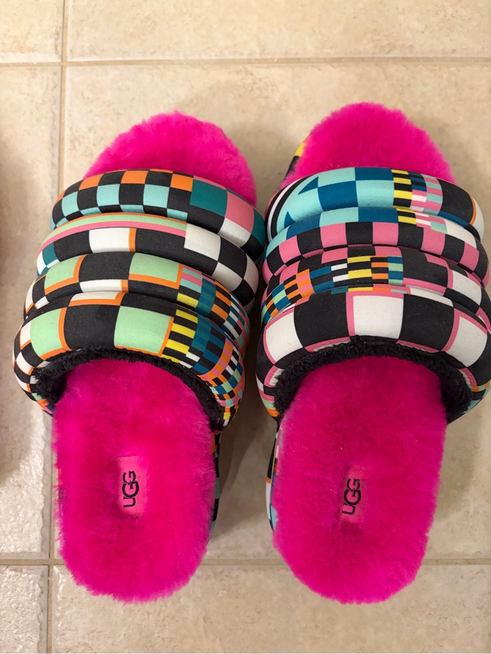 UGG Hot Pink Shearling Multicolor Checker Slide Sandals